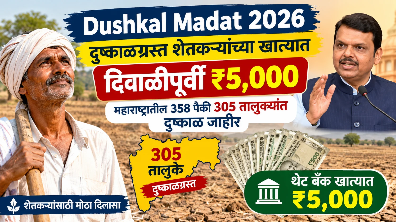 Dushkal Madat 2026: दुष्काळग्रस्त शेतकऱ्यांच्या खात्यात दिवाळीपूर्वी ₹5,000; महाराष्ट्रातील 358 पैकी 305 तालुक्यांत दुष्काळ जाहीर
