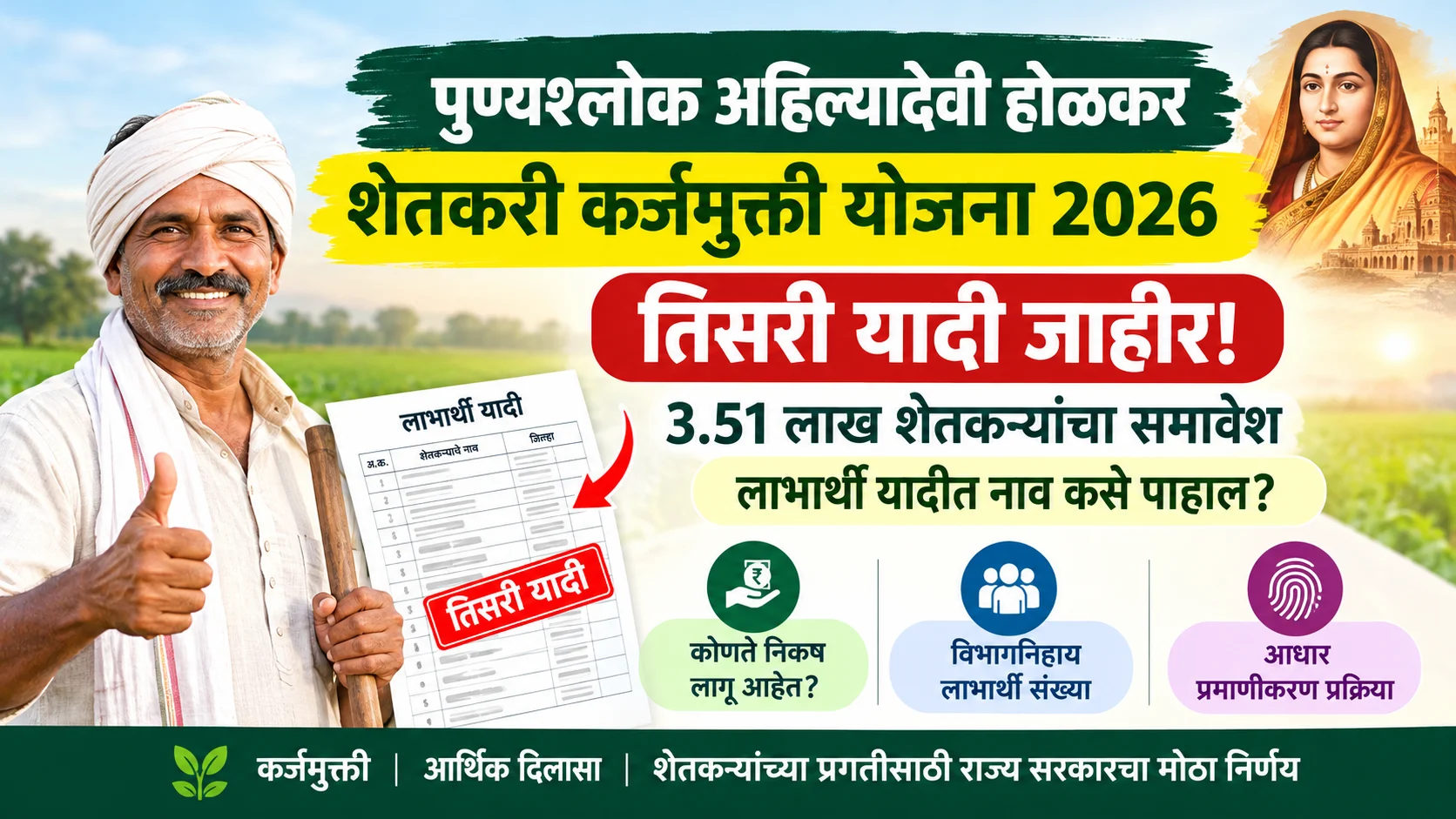 shetkari karjmukti yojana 2026 third list शेतकरी कर्जमुक्ती योजना 2026: तिसरी यादी जाहीर! 3.51 लाख शेतकऱ्यांचा समावेश, लाभार्थी यादीत नाव कसे पाहाल?